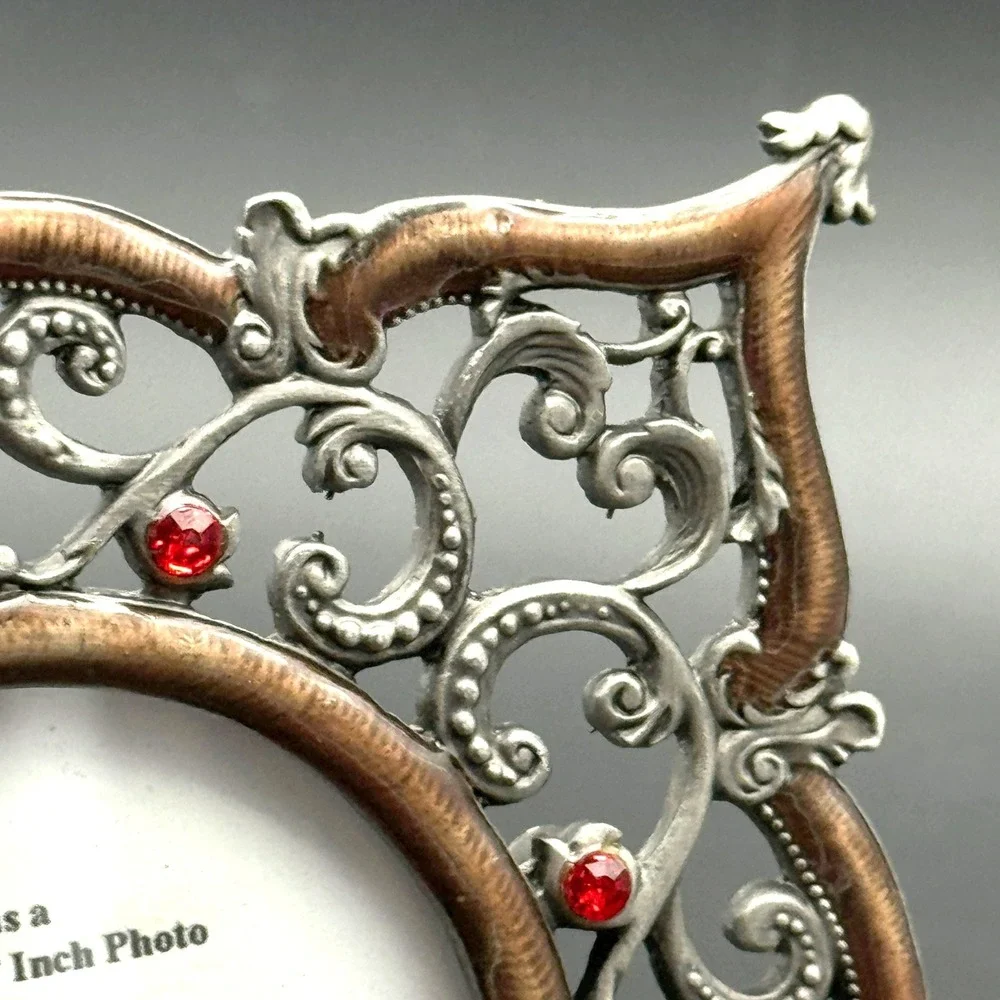 Ornate Picture Frame Bronze Silver Red Rhinestone Coastal Glam‎ 2.5